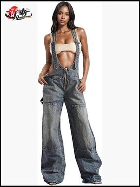 Sleeveless Denim Overalls Jumpsuit with Pockets Wide Leg Cargo Jean Romper